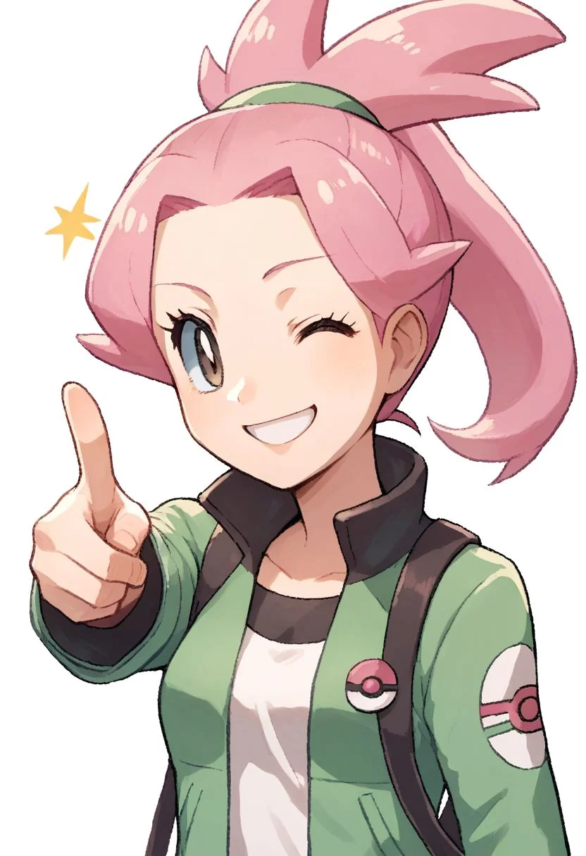 (source_anime, score_9, score_8_up, score_7_up:1), pokemon, 1girl, solo, pink hair, ponytail, pointing at viewer, looking at viewer, smile, winking, jacket, cute, simple background, white background