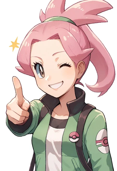 (source_anime, score_9, score_8_up, score_7_up:1), pokemon, 1girl, solo, pink hair, ponytail, pointing at viewer, looking at viewer, smile, winking, jacket, cute, simple background, white background