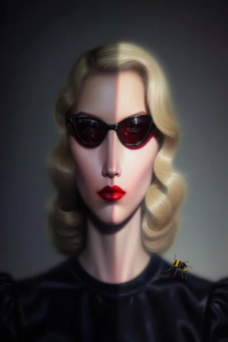 troybrooks1 painting.
A woman with 1940s style shoulder-length, wavy blonde hair is wearing large black sunglasses with red lenses. Her lips are bold red. A small yellow and black insect is on the right side near the shoulder. The left half of her face is in shadow. <lora:troybrooks1_cap_d8a4e10:1.0><lora:854061247874791908:0>