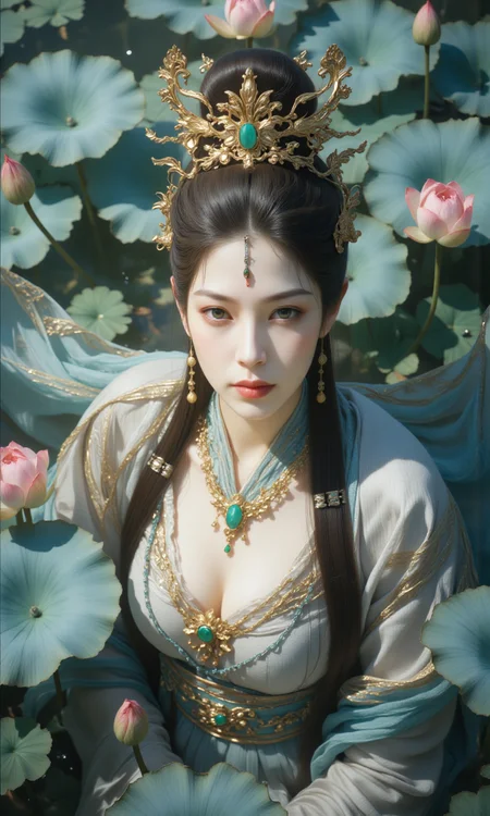 Top Atmosphere Photography Works, extremely realistic, midjourneyv6.1, mythp0rt, Portrait by Dorota Pietrowiak,
masterpiece, best quality, photorealistic, (Extremely realistic, top quality, official art, beautiful and aesthetic:1.2), 4k, 8k, very rich details, close-up,
(1girl/immortal, jewelry, earrings, red lips, long sleeves, chinese clothes, hanfu, hair bun, shawl, ribbon, Phoenix Crown, Biyao, Jade Ornaments, Floral Ornaments, armor, Hair Pin, Hair Comb, Golden Forehead Ornament, Beaded Strands, feathers clothes, cleavage, huge chest) sitting elegantly in the center of a tranquil lotus pond. The goddess is graceful, with a kind and wise expression, her long hair cascading over her shoulders. The lotus flowers in the pond are in bud, complementing the goddess’s beauty. Sunlight filters through the water, casting a dreamy light and shadow effect on her, adding an air of mystery and sanctity.
very strong contrast, dramatic Lighting,
strong visual contrast, from below, perfect cue,
cinematic film style, special effects, VFX, award-winning picture, highly detailed, ultra-high resolutions, 32K UHD, sharp focus,
(photorealistic:1.5), (Extremely realistic, masterpiece, top quality, official art, best quality, beautiful and aesthetic:1.2), 4k, 8k,
very rich details,