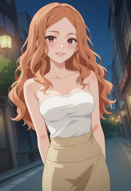 score_9, score_8_up, score_7_up, anime screencap, source_anime, 1girl, solo,
<lora:Rune_Dress_up_Darling_V2:.85>, KJOrune, peach hair, dark brown eyes, long hair, wavy hair, parted bangs,
beige tube top, strapless, bare shoulders, beige pencil skirt,
arms behind back, head tilt, seductive smile, blush, dutch angle, parted lips,
city, street, night,
(Beautiful, medium Breasts:1.2),