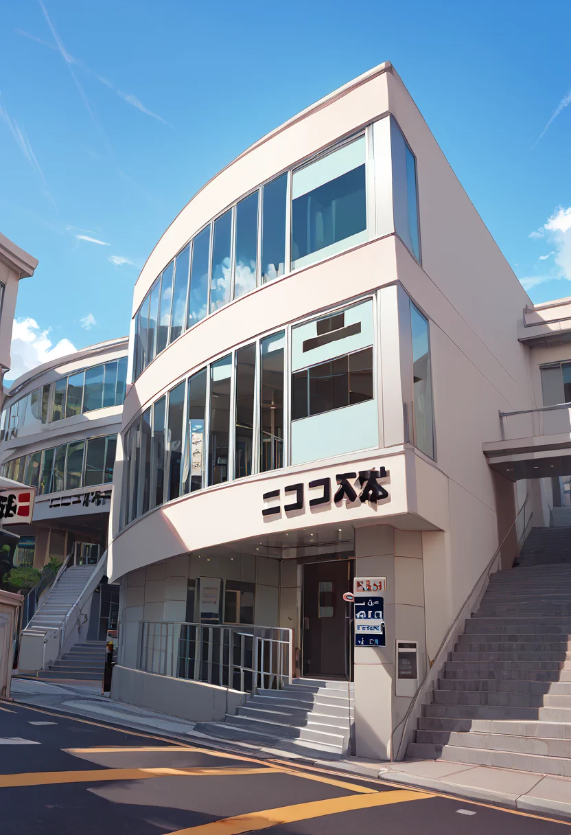 score_9, score_8_up, score_7_up,  
<lora:niconico_Pony_V1:1>niconicohonsya, (three-storey building), blue sky, fence,lamppost, outdoors, power lines, road, scenery, shadow, sign, simple background, sky, stairs, street, traffic light, watermark, wide shot, window ,