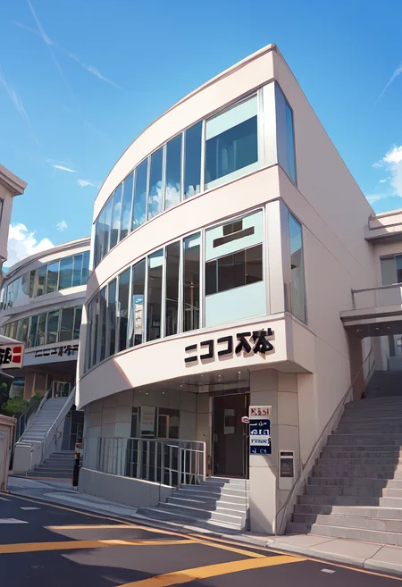 score_9, score_8_up, score_7_up,
<lora:niconico_Pony_V1:1>niconicohonsya, (three-storey building), blue sky, fence,lamppost, outdoors, power lines, road, scenery, shadow, sign, simple background, sky, stairs, street, traffic light, watermark, wide shot, window ,