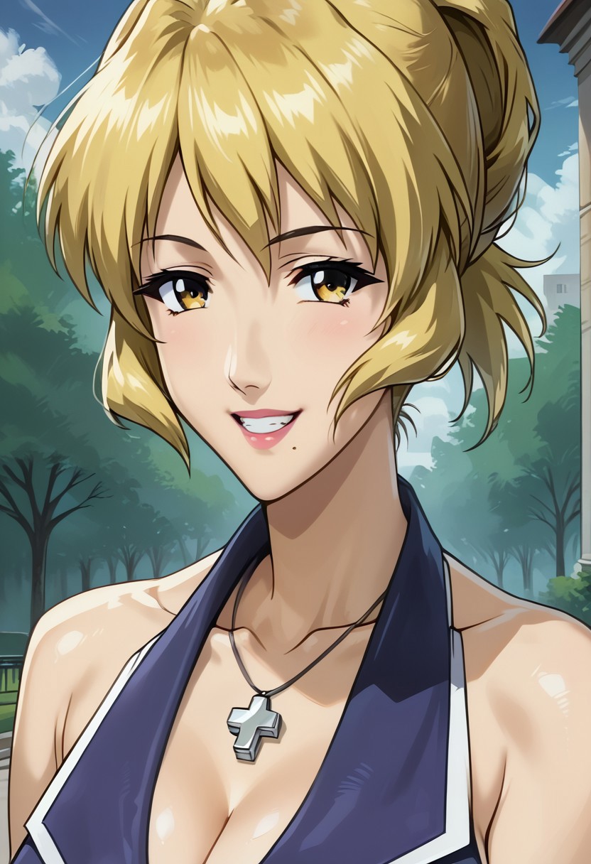 SCORE_9, SCORE_8_UP, SOURCE_ANIME, REALISTIC, CLOSE-UP, HAIR FOCUS, PORTRAIT, UPPER BODY, BREAK,1 FEMALE, MEGUMI WAKAO, BLONDE HAIR, AMBER EYES, MOLE UNDER MOUTH, TEETH SMILE, BLAZER DRESS, BARE SHOULDERS, ARMS, LARGE BREASTS, CLEAVAGE, CROSS NECKLACE, BREAK, OUTSIDE, AT PARK, BLUE SKY, SUNSHINE, HIGH RESOLUTION, VIVID TEXTURES