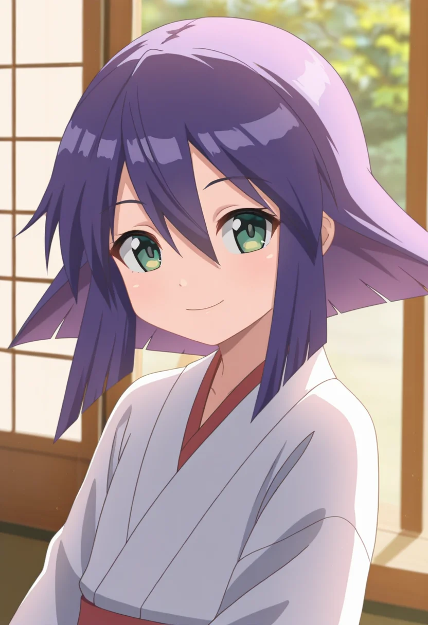masterpiece, best quality, amazing quality, 1girl, solo, (portrait:1.2), makiww, minigirl, green eyes, purple hair, medium hair, hair between eyes, flat chest, japanese white kimono, wide sleeves, looking at viewer, smile, indoors, day, skindentation, detailed clothing folds, depth of field, sharp, high contrast, dynamic light <lora:maki_Seto_no_Hanayome_ill_v11:0.9>