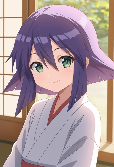 masterpiece, best quality, amazing quality, 1girl, solo, (portrait:1.2), makiww, minigirl, green eyes, purple hair, medium hair, hair between eyes, flat chest, japanese white kimono, wide sleeves, looking at viewer, smile, indoors, day, skindentation, detailed clothing folds, depth of field, sharp, high contrast, dynamic light <lora:maki_Seto_no_Hanayome_ill_v11:0.9>