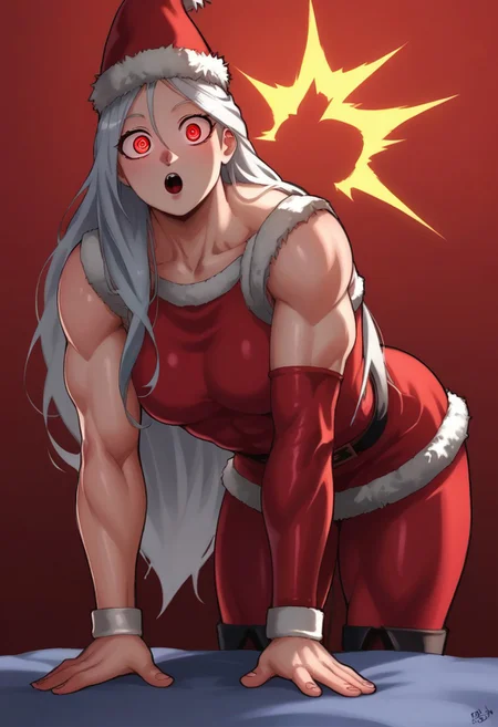 score_9, score_8_up, score_7_up, source_anime, drhdr_style, 1girl, santa, solo, detailed eyes, cute, red eyes, santa hat, white hair, muscular, muscles, long hair, leaning in, bent over, looking at viewer, surprised