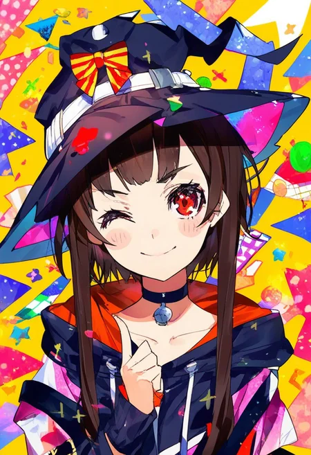 masterpiece (quality), best quality, (mika pikazo), (mika pikazo style),
1girl, solo, hat, witch hat, brown hair, short hair with long locks, red eyes, blush, black choker, collarbone,
one eye closed, ;),