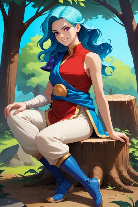 score_9, score_8_up, score_7_up, score_6_up, source_anime, 1girl, solo, <lora:valere-pdxl-nvwls-v1-000005:1> valere, aqua hair, wavy hair, long hair, purple eyes, blue cape, blue sash, single shoulder pad, red shirt, sleeveless, bandaged arm, white pants, sitting, blue boots, tree stump, forest, from side, blue sky, grin, looking at you, full body