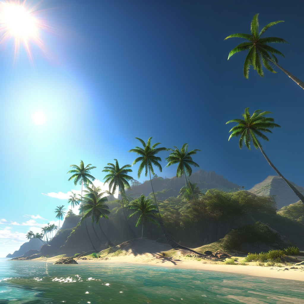 masterpiece,8k,absurd resolution, farcry,, tree, outdoors, scenery, palm tree, day, sky, sun, beach, blue sky, water, cloud, ocean, no humans, sand, sunlight,reflection, cg rendering, volume light, space art, bioluminescence, unreal engine 5, magic of light, unreal engine rendering, super wide angle, <lora:farcry_xl:0.81>,