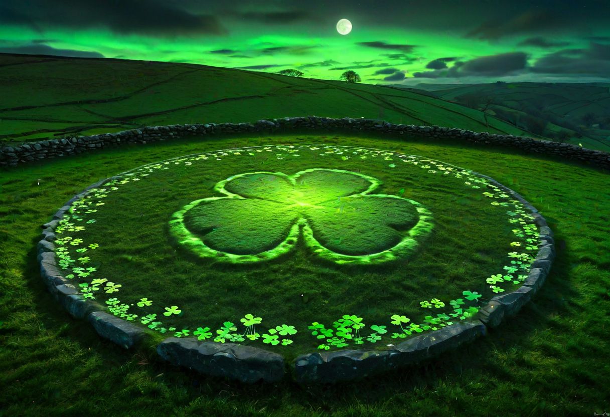 Ancient stone circle, (vibrant shamrock patterns:1.3) glowing with otherworldly light, midnight on St. Patrick's Day, rolling green hills, (full moon:1.2), wispy clouds, magical, ethereal atmosphere, (hyperrealistic detail:1.3)