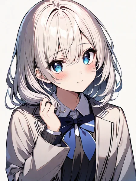 masterpiece,ultra-detailed,best quality,8K,illustration,cute face,clean skin ,shiny hair,solo,girl,ultra-detailed-eyes,simple background, <lora:jyoji formal_XL_illustrious_V1.0:1> jyojifuku, dress, long sleeves, jacket,school uniform