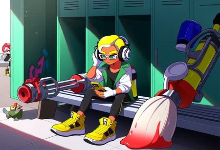very awa, masterpiece, best quality, year 2024, newest, highres, absurdres, <lora:age_slider_v4:3> <lora:thicc_v1.4-pony:1.2>,detailed_background,indoors,nintendo,gloves,6+others,pompadour,hand on headphones,tank top,white-framed eyewear,smallfry \(splatoon\),black tank top,black jacket,graffiti,locker room,hydra splatling \(splatoon\),blue eyes,blue hair,inkling player character,collarbone,green coat,black leggings,ink tank \(splatoon\),squeezer \(splatoon\),inkling boy,octoling,locker,dark skin,cellphone,highres,holding weapon,holding,tentacle hair,3boys,shoes,sneakers,green eyes,flip phone,multiple others,dark-skinned male,1girl,very short hair,blonde hair,fujimoto gold,pointy ears,splatoon 3,thick eyebrows,holding phone,octoling player character,leggings,staff \(splatoon\),short hair,splatoon \(series\),chromatic aberration,yellow footwear,inkling,octoling boy,phone,high tops,eyewear on head,weapon,medium hair,open mouth,fangs,pink eyes,inkling girl,white gloves,inkbrush \(splatoon\),fingerless gloves,white jacket,against locker,red hair,film grain,sitting,headphones,coat,multiple boys,light particles,jacket