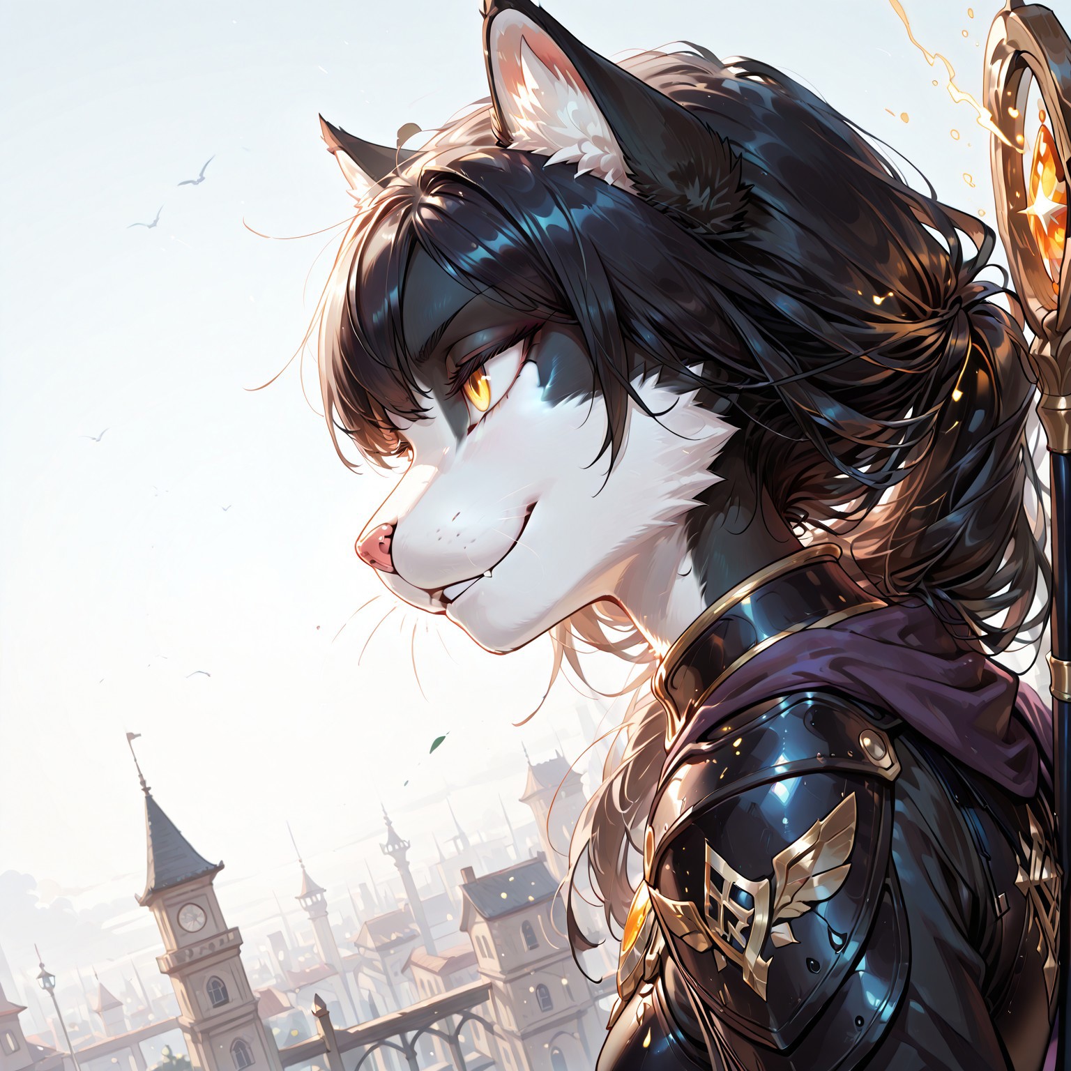 score_9, score_8_up, score_7_up, (solo), masterpiece, best quality, very aesthetic, sfw, ITMStyle,
BREAK 1girl, Ember (ESO), anthro, feline, black and white fur, black hair, slim, (black armor:1.2), yellow eyes, (wizard's staff on the back:1.2)
BREAK  face close up, smirk, extremely detailed, simple background, sharp focus, extremely detailed, high detail, detailed face, ((breathtaking Profile picture:1.5))
BREAK detailed eyes, detailed hair, depth of field, detailed fluffy fur, (dynamic angle, dynamic pose:1.5)