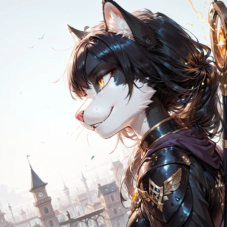 score_9, score_8_up, score_7_up, (solo), masterpiece, best quality, very aesthetic, sfw, ITMStyle,
BREAK 1girl, Ember (ESO), anthro, feline, black and white fur, black hair, slim, (black armor:1.2), yellow eyes, (wizard's staff on the back:1.2)
BREAK face close up, smirk, extremely detailed, simple background, sharp focus, extremely detailed, high detail, detailed face, ((breathtaking Profile picture:1.5))
BREAK detailed eyes, detailed hair, depth of field, detailed fluffy fur, (dynamic angle, dynamic pose:1.5)