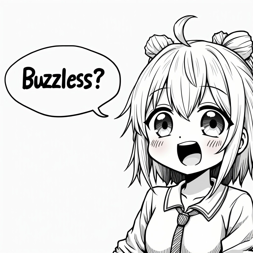 anime manga style girl, black and white, laughing, happy, close up, speech bubble say "Buzzless?"