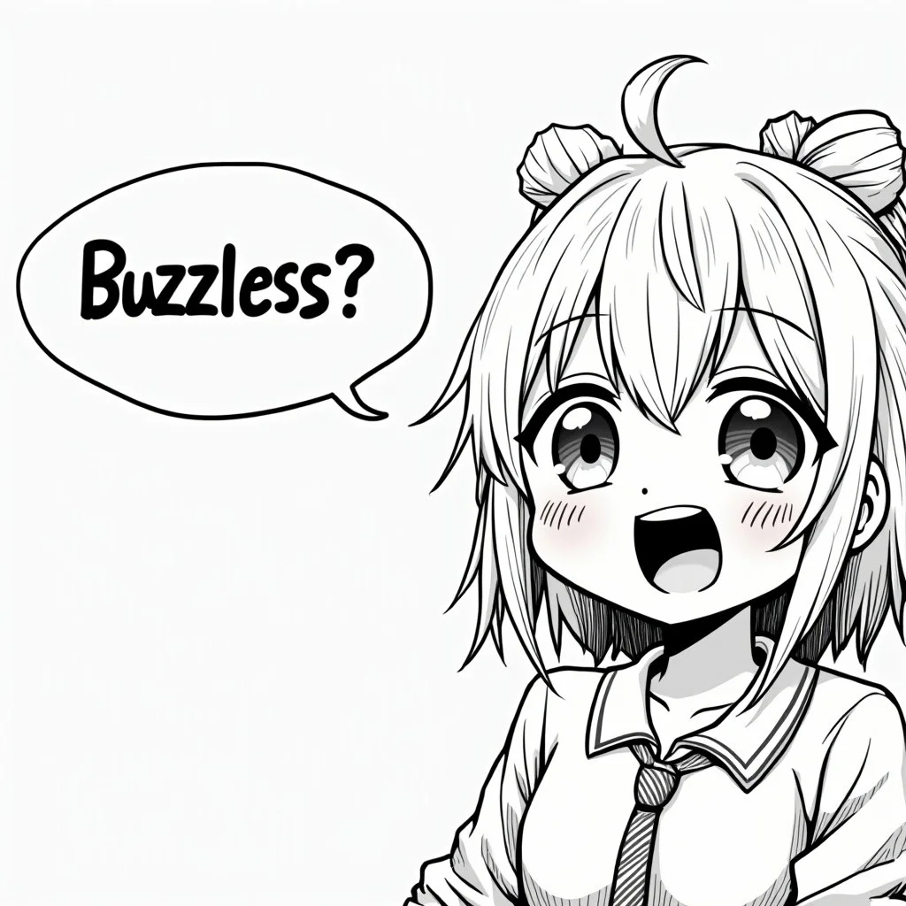 anime manga style girl, black and white, laughing, happy, close up, speech bubble say "Buzzless?"