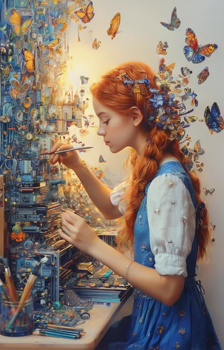 masterpiece,best quality,<lora:tbh237-sdxl:0.8>,illustration,style of Johanna Basford tech genius teenage girl