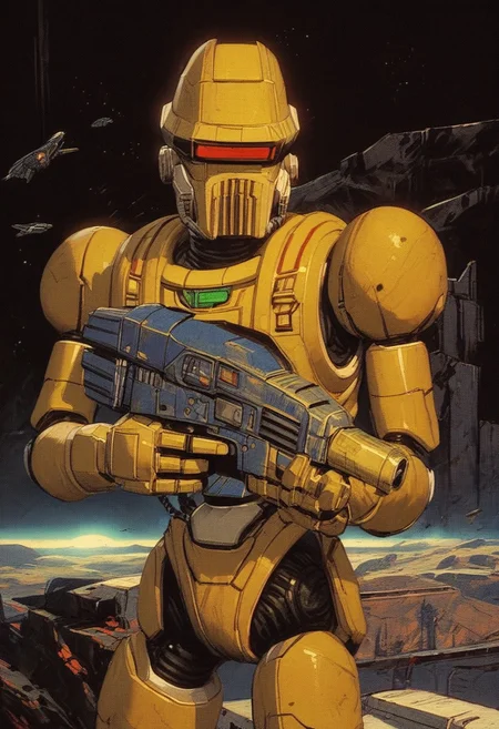 score_9, score_8, score_7, score_6, 1boy, solo, knva, retro artstyle, science fiction, Rob64, spaceship, dynamic pose, robot (((gun, sci-fi gun)))