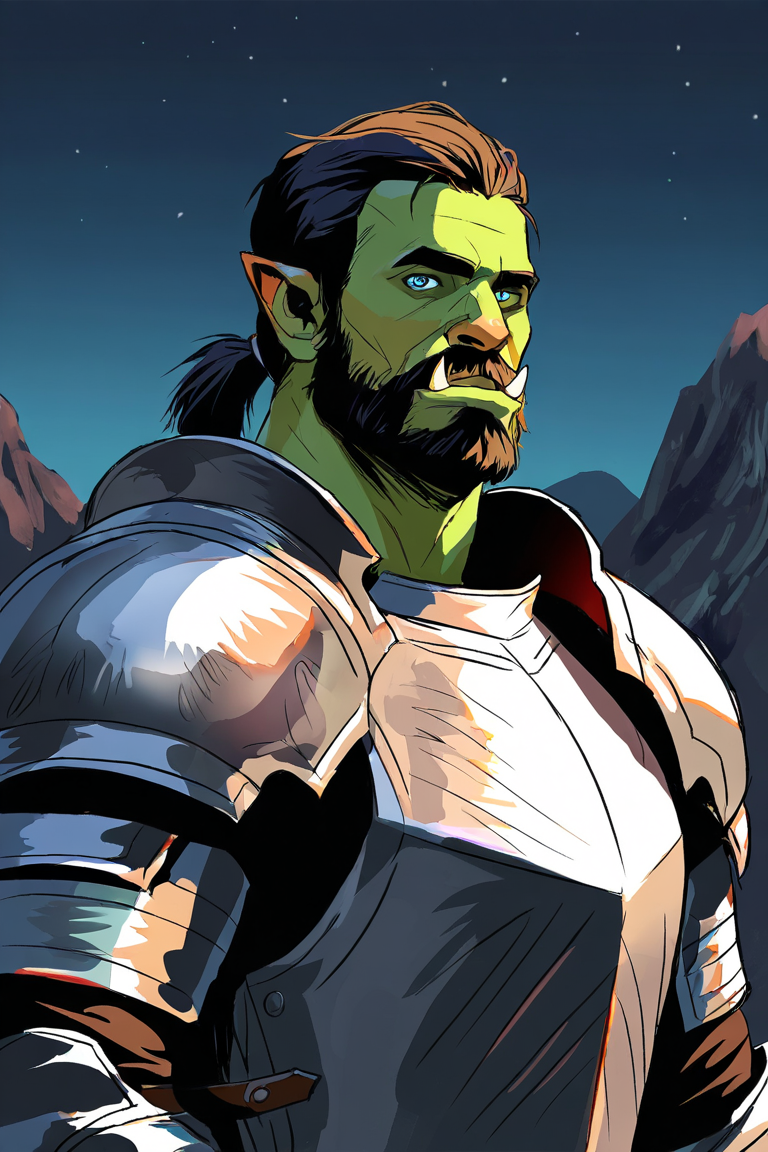 masterpiece, best quality, highres, newest, sketch, 1boy, solo, male focus, mature male, orc, colored skin, green skin, tusks, blue eyes, medium hair, black hair, hair slicked back, ponytail, facial hair, beard, mustache, looking at viewer, full armor, shoulder armor, breastplate, pauldrons, upper body, closed mouth, standing, outdoors, mountain, night, night sky, dark background <lora:Sketch Illustration [LoRA] - NoobAI-XL EPS 1.0:0.8>
