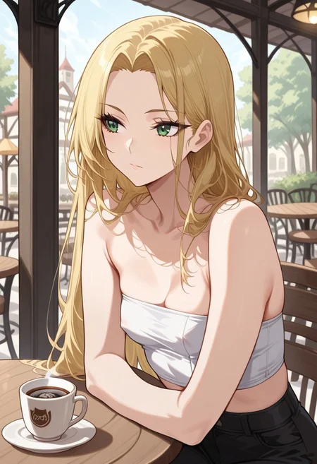 masterpiece, best quality, 32k, high resolution, absurdres, 1girl, Irina, IrinaRH,, long hair, blonde hair, parted hair, straight hair, face framing tendrils, dark green eyes, detailed eyes. light makeup, slim, small breasts, white strapless crop top, nipple peek, black pants, sitting at a cafe table, outdoors , cup of coffee, relaxed, looking away, front view, pensive