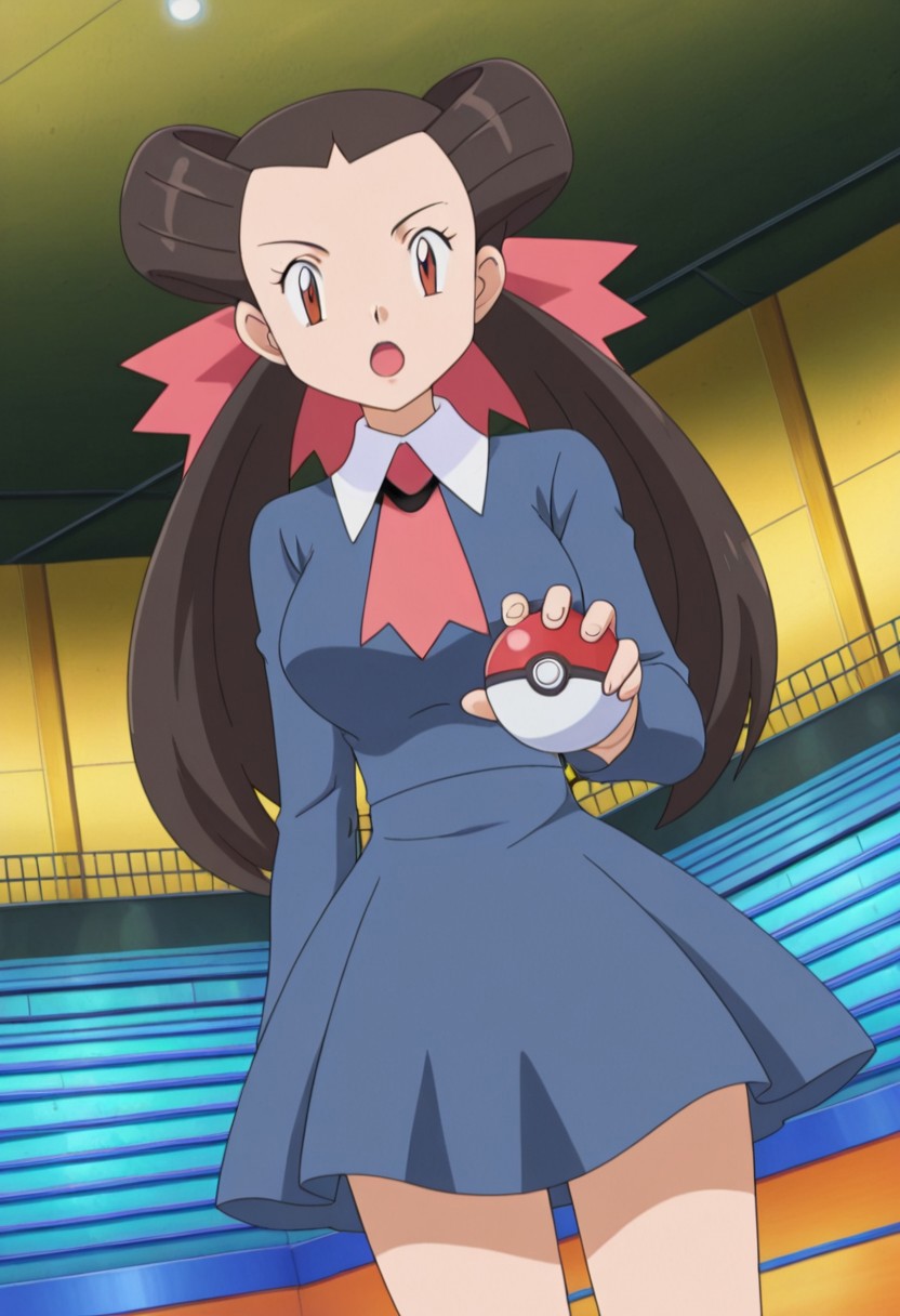 general,highres, ultra-detailed,very aesthetic,best quality ,best hands,best eyes,easynegative,
dynamic anglre, dutch angle, anime cloring,anime screencap,
1girl solo,looking at viewer,arena,indoors,holding poke ball,open mouth,
Roxanne,black hair,brown eyes,large breasts,shirt,skirt,