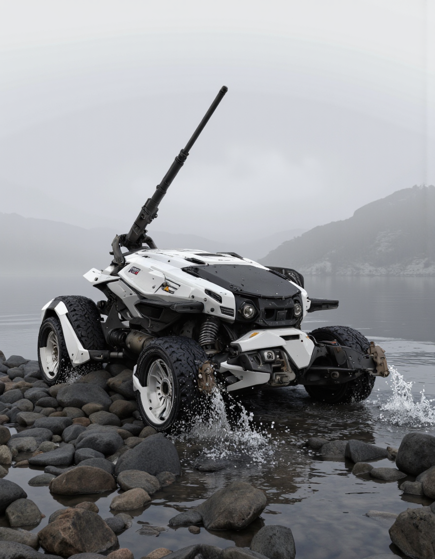 A futuristic armored vehicle with a sleek and sleek design, featuring a combination of white and black colors. it has a large gun mounted on the top, and is positioned in the middle of the image, with water splashing around it. the vehicle has a futuristic, armored look with a low-slung body and a sleek, angular design. it is positioned on a rocky shore, with a misty, foggy background, giving it a sense of depth and atmosphere. the overall design is reminiscent of sci-fi and futuristic technology, with intricate details and a focus on the vehicle's design and technology.