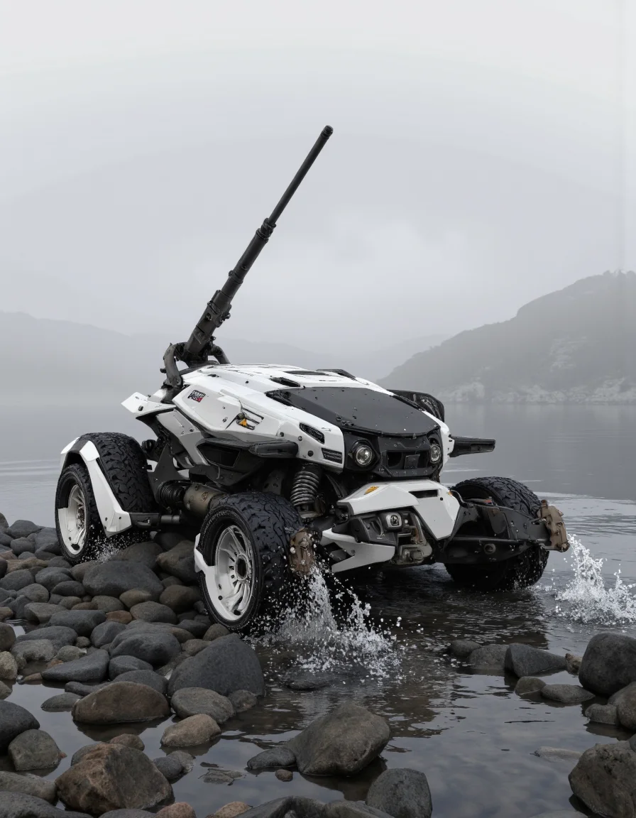 A futuristic armored vehicle with a sleek and sleek design, featuring a combination of white and black colors. it has a large gun mounted on the top, and is positioned in the middle of the image, with water splashing around it. the vehicle has a futuristic, armored look with a low-slung body and a sleek, angular design. it is positioned on a rocky shore, with a misty, foggy background, giving it a sense of depth and atmosphere. the overall design is reminiscent of sci-fi and futuristic technology, with intricate details and a focus on the vehicle's design and technology.