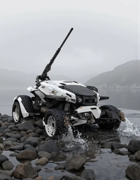 A futuristic armored vehicle with a sleek and sleek design, featuring a combination of white and black colors. it has a large gun mounted on the top, and is positioned in the middle of the image, with water splashing around it. the vehicle has a futuristic, armored look with a low-slung body and a sleek, angular design. it is positioned on a rocky shore, with a misty, foggy background, giving it a sense of depth and atmosphere. the overall design is reminiscent of sci-fi and futuristic technology, with intricate details and a focus on the vehicle's design and technology.