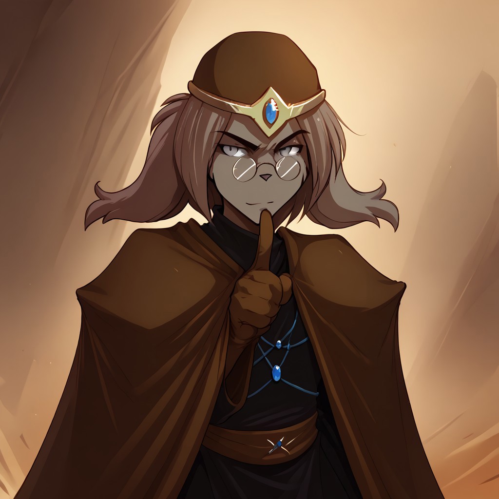 score_9, score_8_up, score_7_up, source_anime, male, solo, lynn-twokinds, grey eyes, medium hair, feline hair, brown headwear, basitin armor, cape, gloves, jewelrly, nerd, glasses, index finger raised, looking at viewer