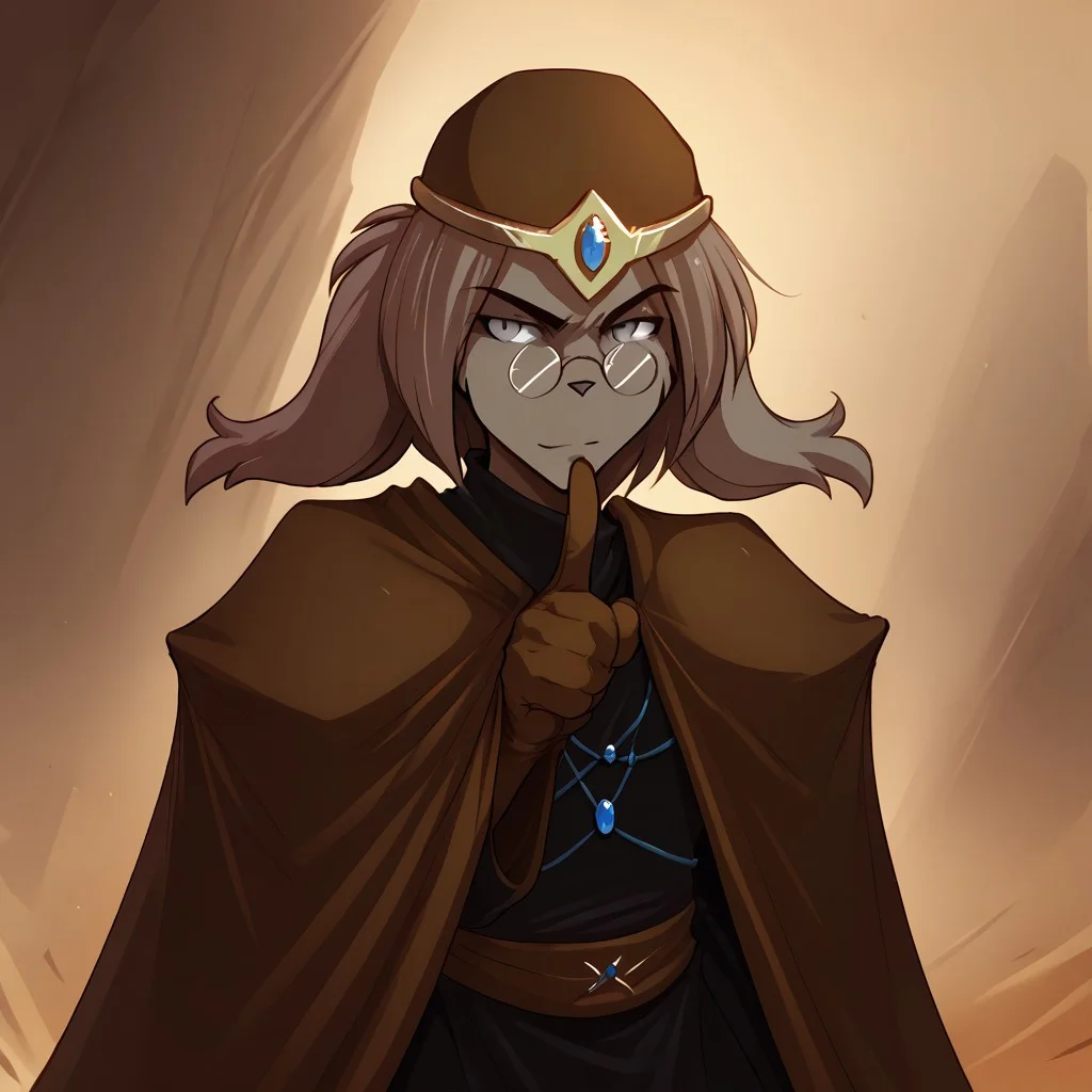 score_9, score_8_up, score_7_up, source_anime, male, solo, lynn-twokinds, grey eyes, medium hair, feline hair, brown headwear, basitin armor, cape, gloves, jewelrly, nerd, glasses, index finger raised, looking at viewer