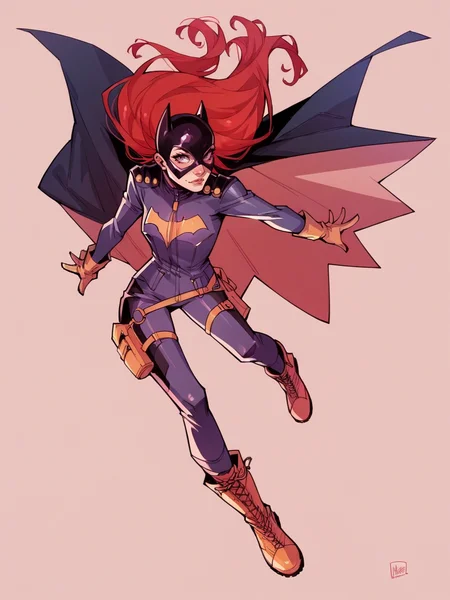 score_9, score_8_up, score_7_up, score_6_up, score_5_up, <lora:B4tgirlXLP:1> b4tgirl, 1girl, solo, mask, gloves, bodysuit, long hair, cape, red hair, utility belt, boots