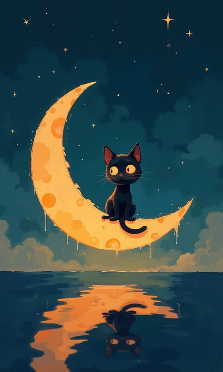 Full shot of a digital painting.
A crescent moon, stylized like a slice of cheese with light orange-yellow tones, dominates the middle ground.
A small, black cat with large, round, expressive eyes is sitting on the moon. The cat's posture is relaxed, and its fur is smooth.
The background is a deep, twilight-blue night sky, dotted with many small, white and light-yellow stars and small, trailing light streaks.
A body of still water, rendered in shades of blue, gray, and reflecting the light from the moon, sits below the moon. The reflection of the cat and the moon is clearly visible on the water's surface.
The overall style of the painting is whimsical and cute, with a focus on soft color palettes and simple, stylized shapes. The visual elements combine to create a peaceful and dreamy atmosphere.
<lora:FLUX-daubrez-DB4RZ-v2:1> DB4RZ, DB4RZ style painting