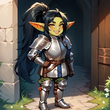 1girl, black hair, ponytail, sharp teeth, enormous lips, medieval armor, closeup, goblin woman, green skin, medieval clothes, large smile, (boisterous smile, mischievous smile), Expressiveh, yellow eyes, very muscular, pointed ears,  female goblin, Goblin, solo, long hair, gremlin energy, very short woman, mega ponytail, fully clothed, short stature, shortstack, ((armored boots, boots, shoulder armor, armor, pants, greaves, gloves, long sleeves)), broad shoulders, huge arms, Knight