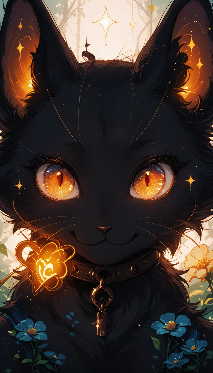 masterpiece,
perfect eyes, vivid colors, vibrant colors,
pinkretroanime, retro art, (lineless:1.5), smooth edges,
, The image presents a captivating illustration of a black cat with glowing eyes and a sleek body. The cat is perched in the center of the image, its gaze directed upwards, giving it an almost human-like expression of curiosity or contemplation. The cat's fur has a slight sheen to it, suggesting a healthy coat. The background features a floral pattern composed of blue and orange flowers, providing a vibrant contrast to the darker tones of the cat's fur. Scattered throughout this floral backdrop are sparkling elements that add a magical or whimsical feel to the overall composition. The art style is reminiscent of anime and manga, characterized by bold outlines, soft shading, and a limited color palette that enhances the overall mood of the image. The lighting in the image creates a warm and inviting atmosphere, with the cat's fur appearing soft and cuddly, while the flowers glow with a subtle inner light. The overall composition of the image is balanced, with the cat centrally positioned against the dynamic floral background., solo, looking at viewer, smile, animal ears, jewelry, closed mouth, yellow eyes, upper body, flower, heart, cat ears, star \(symbol\), collar, orange eyes, no humans, sparkle, :3, glowing, animal, leaf, cat, plant, slit pupils, crescent, portrait, glowing eyes, close-up, backlighting, blue flower, glint, key, black cat, animal focus, straight-on, sparkling eyes, lock, whiskers, black fur, clothed animal