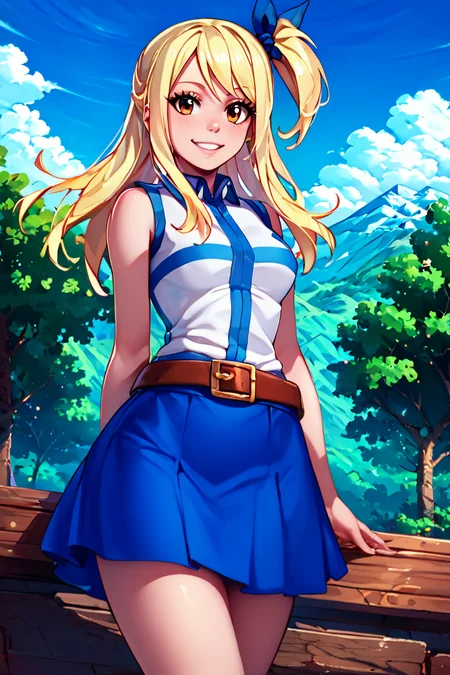 score_9, score_8_up, score_8, medium breasts, (curvy), cute, eyelashes, BREAK, , aaLucy, hair ribbon, side ponytail, blonde hair, long hair, large breasts, white shirt, sleeveless, belt, blue skirt, <lora:Lucy_Heartfilia_PDXL_v2:0.8>, , BREAK, looking at viewer, smile, outdoors, sky, day, cloud, tree, blue sky, mountain, cowboy shot, ,,, embedding:zPDXL, Expressiveh, <lora:Alola_Style_PDXL:1.0>, <lora:CatalystStylePDXL:0.8>, <lora:Expressive_H-000001:0.4>,