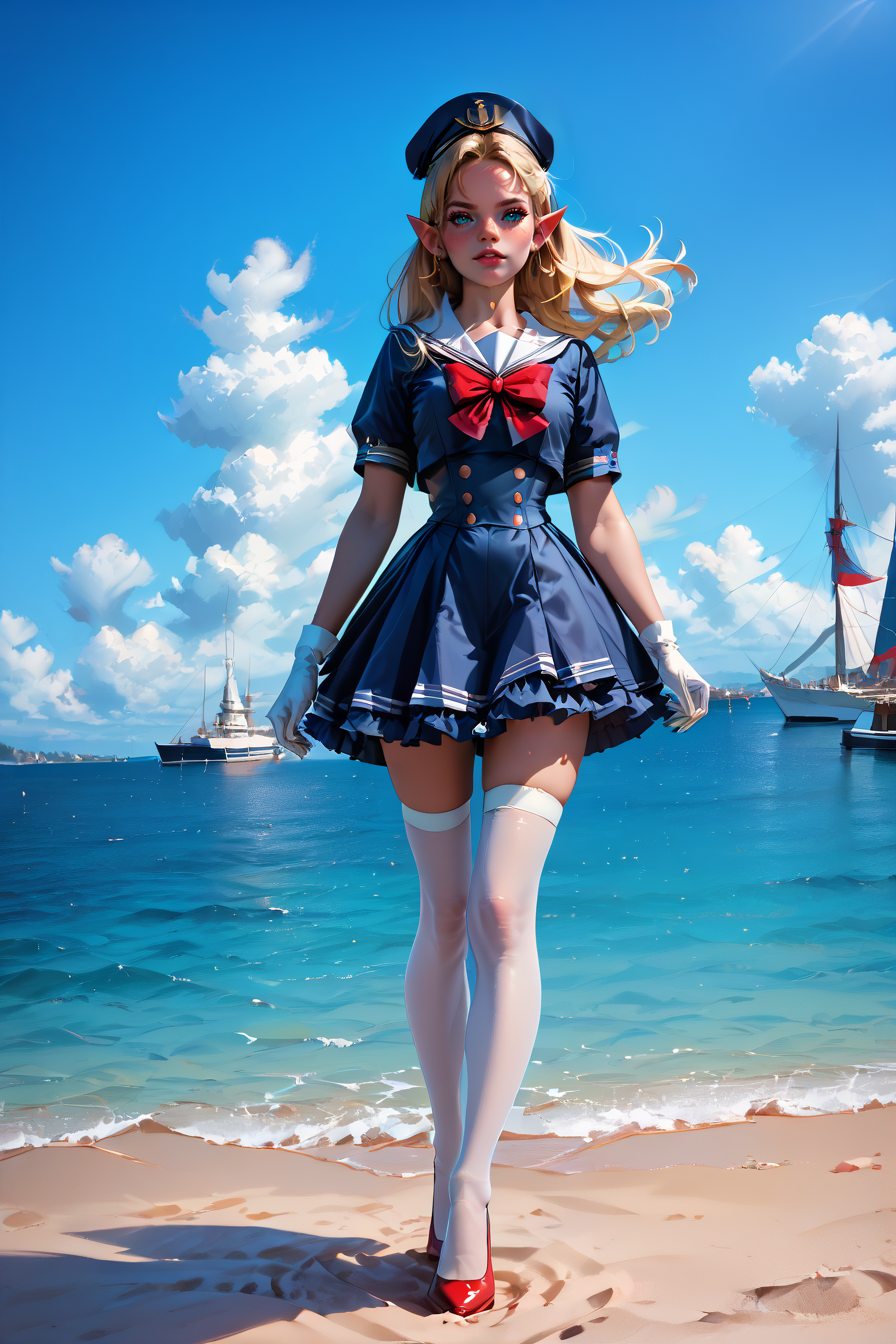 1woman, sexy, petite, skinny legs, long hair, blonde hair, <lora:Sailor:1> Jed-Salr, Navy Blue Mini Dress, White Trim,  White Sailor Collar,  Nautical Stripes,  White Thigh-High Stockings, Red Heels, Sailor Hat,  White Gloves, Sailor Cuffs, White Petticoat, walking on a coastline,, score_9, score_8_up, score_7_up, score_6_up, score_5_up, score_4_up, <lora:K040790P:0.4> 040790P, woman, elf, 24 years old, <lora:Breast Slider - Pony_alpha1.0_rank4_noxattn_last:1>, (tiny waist, flat stomach, narrow hips), <lora:Aesthetics_Enhancer_pony:0.8> EnhanceImage