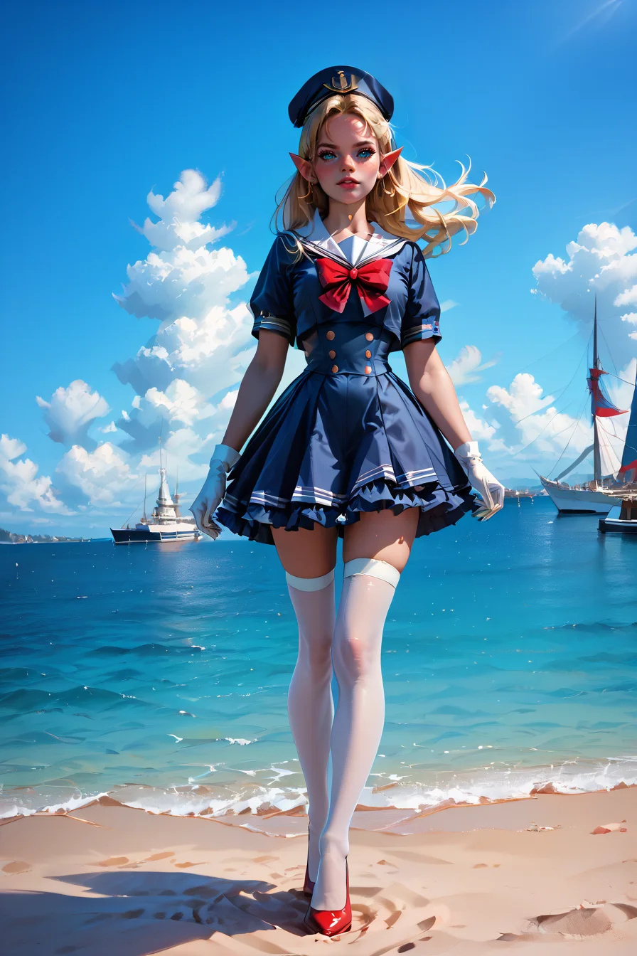 1woman, sexy, petite, skinny legs, long hair, blonde hair, <lora:Sailor:1> Jed-Salr, Navy Blue Mini Dress, White Trim,  White Sailor Collar,  Nautical Stripes,  White Thigh-High Stockings, Red Heels, Sailor Hat,  White Gloves, Sailor Cuffs, White Petticoat, walking on a coastline,, score_9, score_8_up, score_7_up, score_6_up, score_5_up, score_4_up, <lora:K040790P:0.4> 040790P, woman, elf, 24 years old, <lora:Breast Slider - Pony_alpha1.0_rank4_noxattn_last:1>, (tiny waist, flat stomach, narrow hips), <lora:Aesthetics_Enhancer_pony:0.8> EnhanceImage