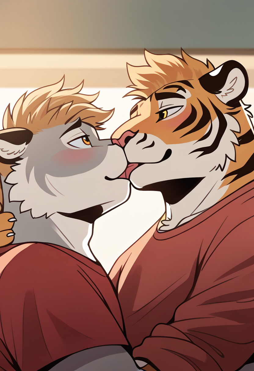 high quality, hires, by braeburned, furry, anthro, 2boys, duo, male, tiger, yellow eyes, shirt, passionate kiss, opened eyes, <lora:Braeburned_style:1>