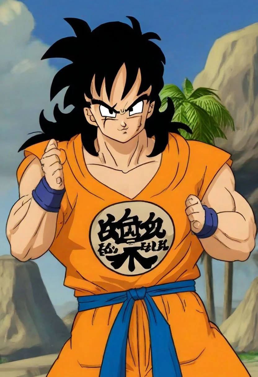 <lora:YamchaXL:.8> Yamcha, black eyes, black hair, spiky hair, orange gi, blue sash, martial artist, dragon ball z style