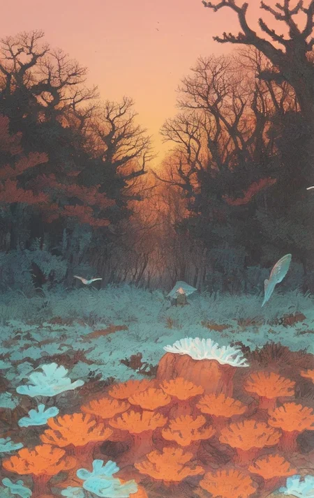 artwork <lora:Moebius:1>, outdoor at dusk, a group people do a accept, enchanted forest, coral bleaching,field,urban wildlife