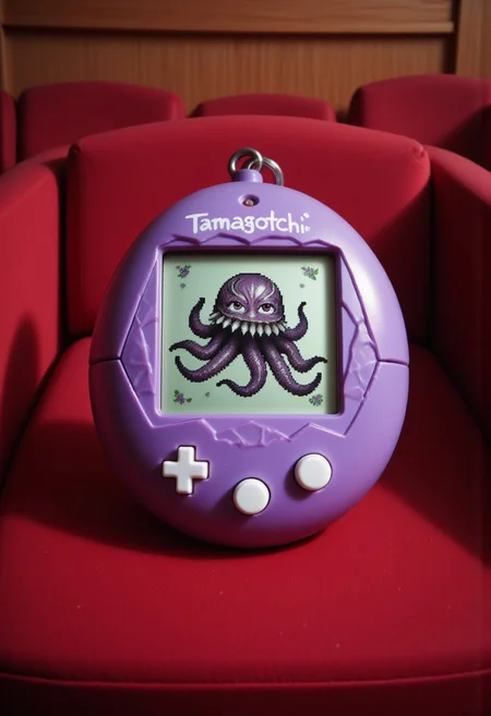 <lora:Tamagotchi_Tinkerer_FLUX:0.9>
The image is a high-quality photograph of a purple Tamagotchi, displaying a black and white pixelated image of an 8-tentacled purple octopus. The device is in an opera hall, sitting on a red chair.