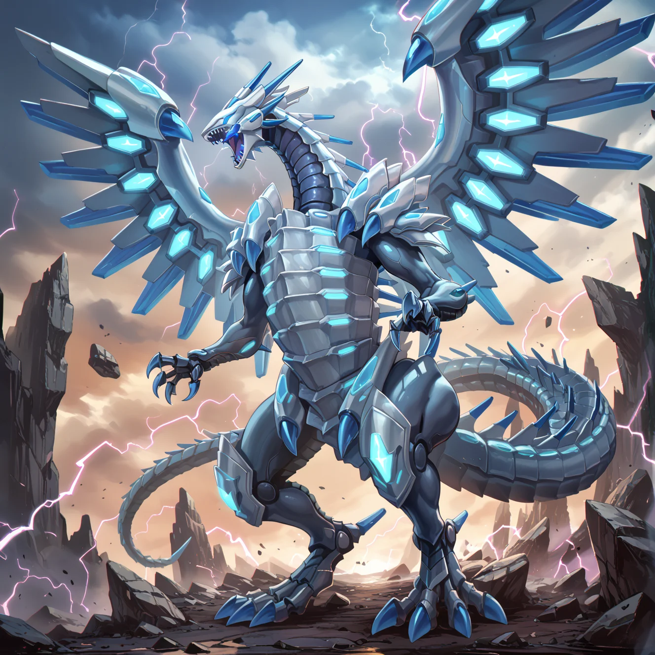 (score_9:0.9),score_8_up,score_7_up,rating_safe,anime style,(zPDXL),(zPDXL3),
<lora:blue eye chaos max dragon ponyXL v1.2:0.75>,mecha dragon,blue eye chaos max dragon,open mouth,lightning,solo,cloud,electricity,sky,sharp teeth,rock,full body,glowing eyes,flying,no iris,blue mouth,