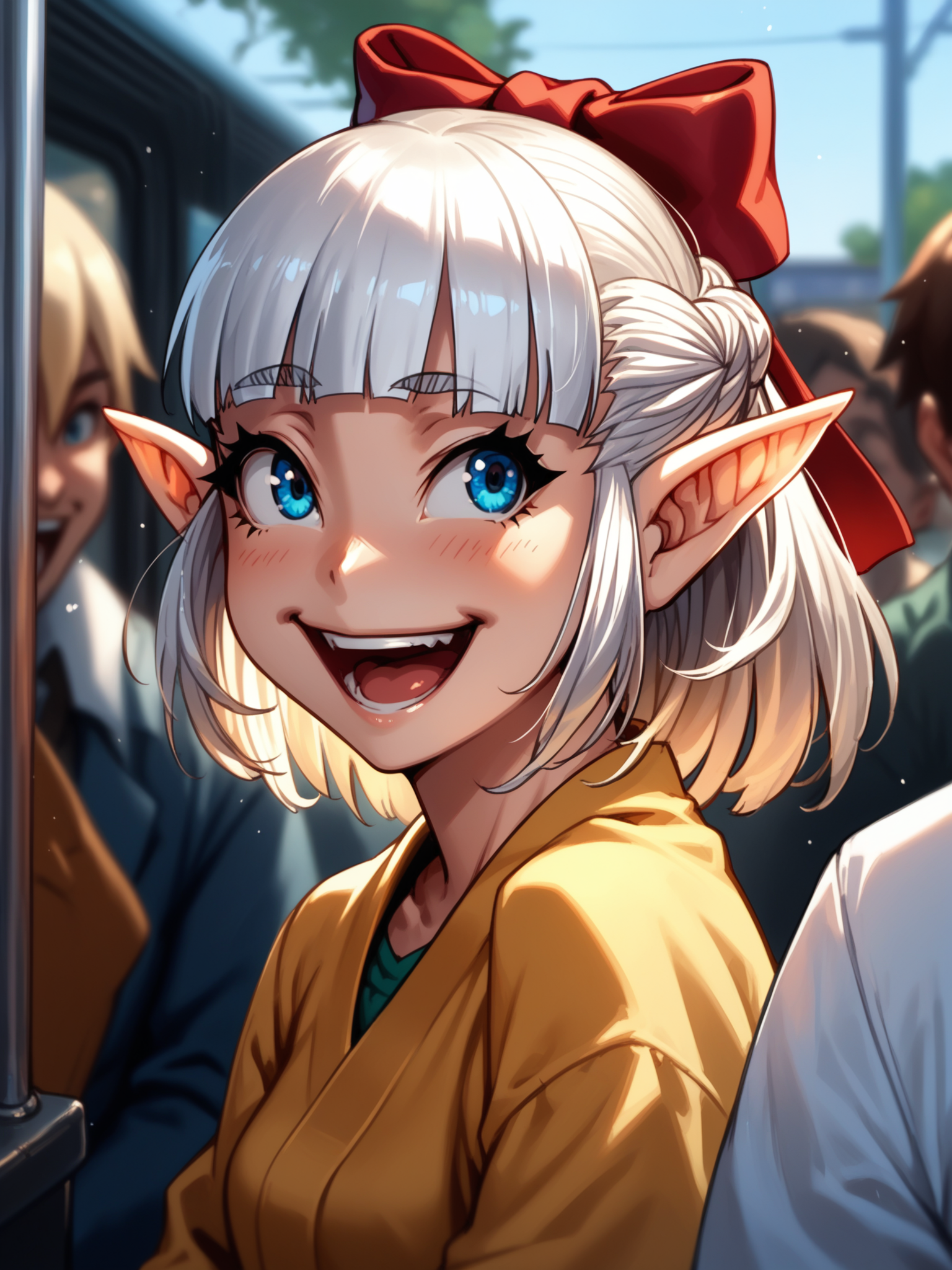 (upper body, solo focus:1.2) <lora:happy_tentacle-fana-v0.1-000029:1>, ht_fana, white hair, blue eyes, hair bow (petite:1.2), <lora:Shed_The_Skin's StS_age_slider_v1_initial_release:-1.2> ( :1.1) ( , , (excited :1.2) , smile , (looking at another:1.2) :1.2) , outdoors, vegetation, ( :1.1), , (day :0.6), (blue sky:0.6) , (:0.5), people , ( :0.9), (train station :1.2) ((from behind :1.2) :0.8) score_9, score_8_up, score_7_up, score_6_up, score_5_up, score_4_up, ( [(realistic, photorealistic:1.3):(realistic:1.2):16] [(3d:1.2)::14] :1) <lora:LUUNA's Lunas-NijiJourney-SDXL-B2:0.35>, nijijourney <lora:prgfrg23's Counterfeit-V3.0 Style SDXL_LoRA_Pony Diffusion V6 XL:0.5> <lora:mfcg's mfcgXL:0.12> <lora:reweik's gyokai(himehajime)_PonyXL_style_v01:0.14>
