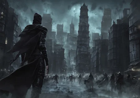 Masterpiece, best quality, extremely detailed, thiefConcept, masked hooded thief crouch walking across rooftop, city and people in background, thief wearing leather outfit, holding beautiful diamond amulet, night, city lights, charter focused,