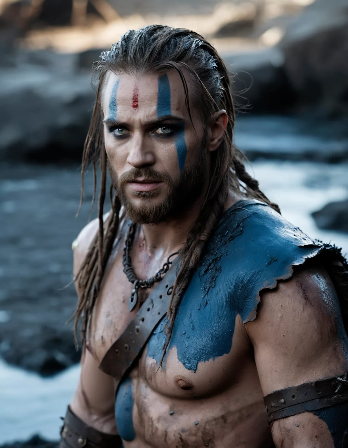 cinematic photo Close-up of ((man)) as Kratos god of war, emerging from black mud, long hair with dreads, war blue paint, paint fading, angry expression, dirty face, finely detailed eyes, moody, viking clothes, epic scene, epic composition, Photography, Cinematic Lighting, Volumetric Lighting, ethereal light, intricate details, extremely detailed volumetric rays . 35mm photograph, film, bokeh, professional, 4k, highly detailed