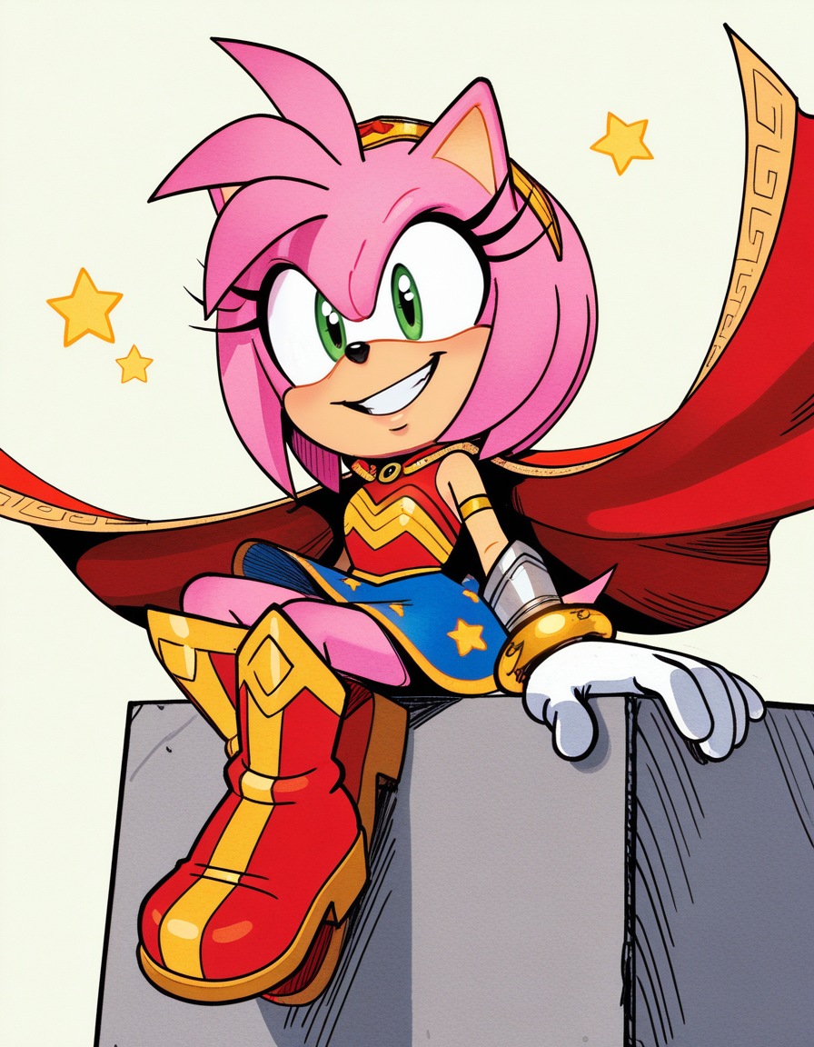 1girl, solo, no humans, petite, official art, sitting, bouncing on knees, cheeky grin, lively eyes, playful pose,
<lora:WonderAmy_v1:0.9> wonderamy, alternate costume, amy rose, gold trim, red cape, white gloves, bracer, gold hairband, blue skirt, sleeveless, breastplate, armored boots, red boots, star \(symbol\), star print, bare shoulders, armlet, miniskirt, gold brooch, brooch, red shirt, gold bracelet, tail through clothes,
 <lora:JenHen_v4-07:0.9> jenhen, traditional media, sketch, hatching \(texture\), watercolor \(medium\), extremely detailed, highres, masterpiece, best quality