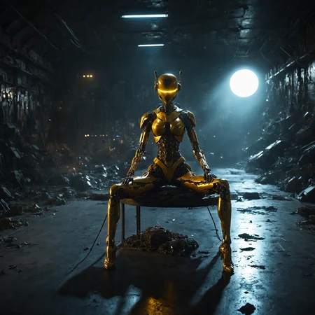 scifi post-apocalyptic theme, yellow metall flake costume, glittering, futuristic golden cyborg, woman biorobot,  scratches, dents, heavy used outfit, black visor, sniper, rifle, plazma gun in right hand, sitting at the roof of skyscrapper, pointing to the left,  in a neon cyber city, colorful, high contrast lighting, smooth contours and sharp lines, sci-fi element, 3d rendering , atmospheric, best quality, sharp focus, high contrast, stylized, dark, clear, surreal, ultra quality, 8k, best quality, masterpiece, midjourneyv6.1, detailmaximizer <lora:SDXL_Breast Size Slider:0.4> <lora:Realism_Lora_By_Stable_yogi_SDXL8.1:2>  <lora:Mechanism-pdxl-1:0.1> <lora:cinematic color motion picture film style:0.4> <lora:add-detail-xl:1> <lora:aidmaImageUpgraderSDXL-v0.3:0.1> <lora:S1_Dramatic_Lighting_v3:1> <lora:sdxl_glass:0.1> <lora:zy_Realism_Enhancer_v1:0.1>  <lora:SDXLFaeTastic2400:0> <lora:SDXLHighDetail_v6:0.1> <lora:SDXL_dark:0.5> <lora:d\EnvyZoomSliderXL01:-3>
