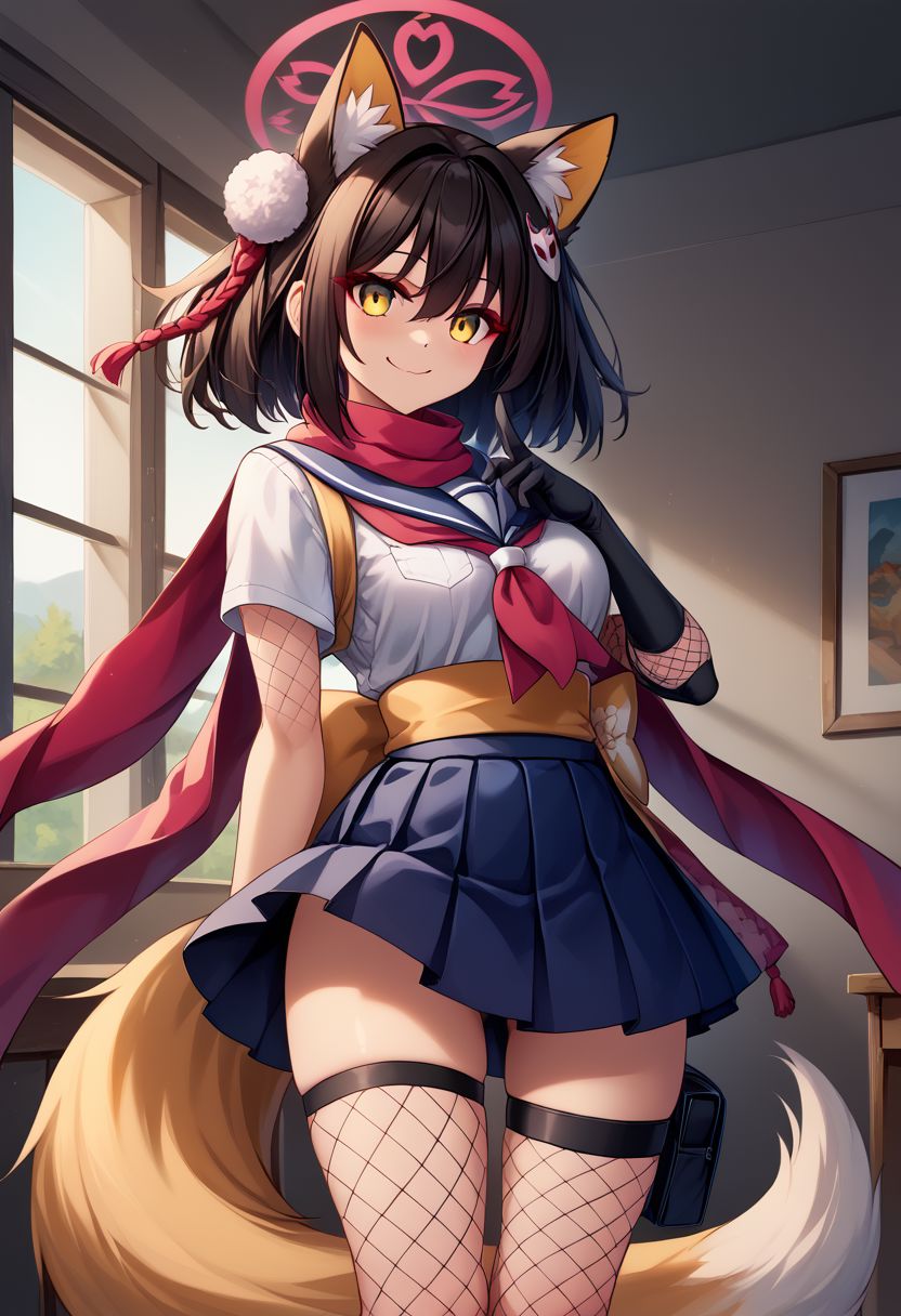 score_9, score_8_up, score_7_up, BREAK source_anime,
masterpiece,8k,uncensored,(highres:1.3),high resolution, unity 8k wallpaper, detailed face, detailed CG, (perfect hands:1.5, perfect anatomy),
(high quality, best quality)
 (curvy:1.45)(shiny skin:1.2) (oily skin:1.2)
izuna kuda, yellow eyes, black hair, animal ears, animal ear fluff, medium hair, fox ears, halo,
Happy, smirk,
by hiroyama_hirosh,
asymmetrical legwear, fishnets, fox hair ornament, fox tail, gloves, hair ornament, pleated skirt, sash, scarf, school uniform, single thighhigh, tail, thigh strap, yellow tail, unware fox mask,
Dynamic pose, dynamic light,
School room,
Hand on chest,(hand_seal , ninja_hand_gesture )
