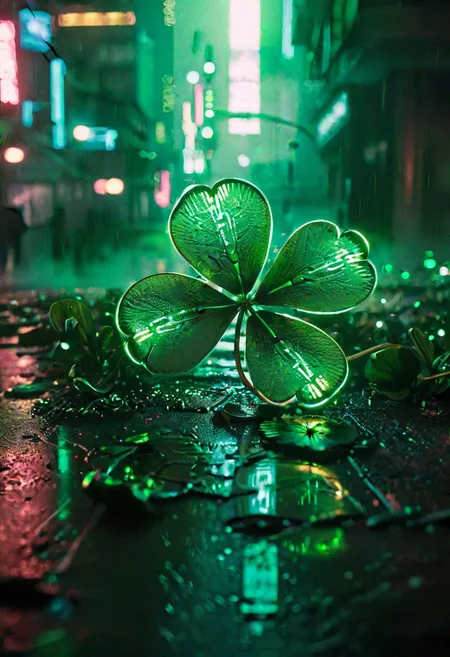 glowneon, close-up shamrock patch, dew drops, neon reflections, out-of-focus cyberpunk cityscape, (Blade Runner aesthetic:1.2), atmospheric, moody, film grain, dominant color (neon green:1.6), contrasting shadows, glowing, sparks, lightning